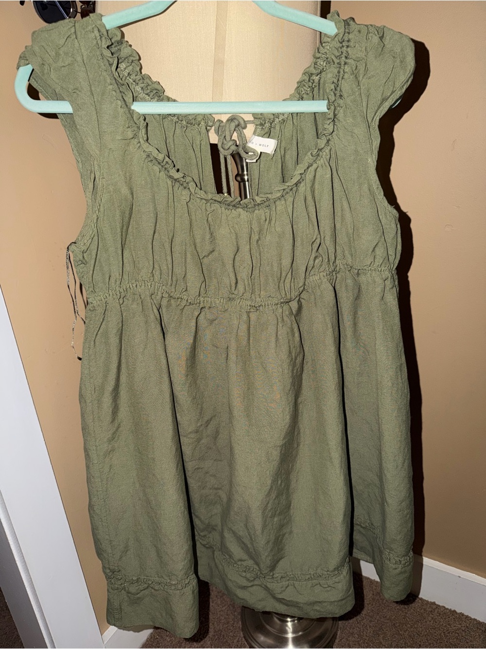 Cleo + Wolf Olive Green Sleeveless Maxi Dress with Ruffled Scoop Neckline